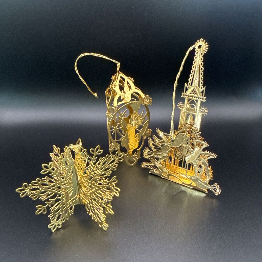 Christmas Camerlane Doves, Church Angel & Snowflake Ornaments 24Kt Gold Finish